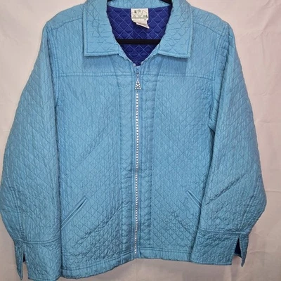 The Quaker Factory Quilted 100% Silk Jacket Blue Full Zip Rhinestones Sz. Lg - Image 1 of 4