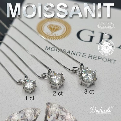 Halskette mit Moissanit Anhänger 1 ct, 2 ct oder 3ct,  Schmuck 925 Sterling - Bild 1 von 4