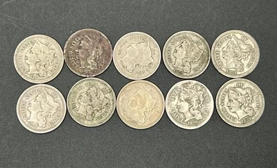 US Three Cent, Lot of 10-1866 (2), 1867 (2), 1868 (2), 1870 (2), 1881 (2) - Image 1 of 3