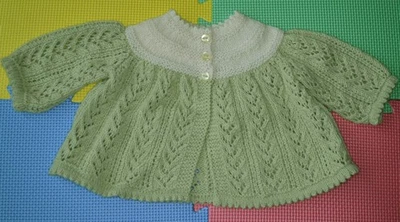 Hand Knitted Baby Lace  Matinee Coat Green Ivory 4 ply Sirdar Snuggly 0-6 months - Image 1 of 4