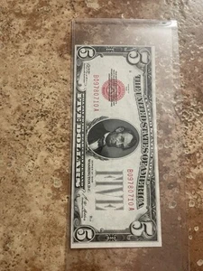 Us Red Seal 5 Dollar Bill In Circulated Condition End Of Bill Cut Short - Picture 1 of 2