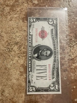 Us Red Seal 5 Dollar Bill In Circulated Condition End Of Bill Cut Short - Image 1 of 2