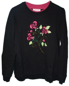 Breckenridge Black Floral Rhinestones Long Sleeve Crew Neck Sweatshirt M - Picture 1 of 3