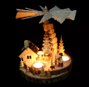 Teelicht Pyramide 30cm geschnitzt mit Räucherhaus alte Försterei Erzgebirge Neu - Bild 1 von 5