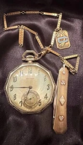 14K Waltham Pocket Watch 1920s 17 Jewels Sz 12 W/ Gold Chain &Knife Serviced 85g - Picture 1 of 10