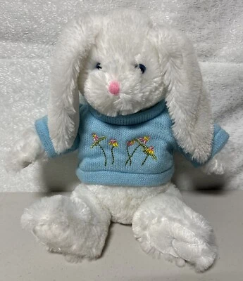 Dan Dee Plush White Bunny Rabbit 12” Blue Flower Sweater Easter - Image 1 of 4