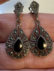 Sterling Silber Onyx Markasit Träne Ohrhänger 1" lang - Bild 1 von 8