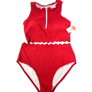Women's Large Red Charmo Zippered 2 Piece High Waist Swimsuit Swimwear Bathing - Picture 1 of 6