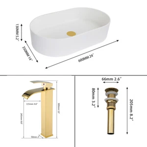 Set scarico rubinetto oro bianco 24" ovale bagno ceramica lavabo miscelatore - Foto 1 di 7