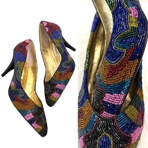 Vintage 90’s BEADED HEELS 8.5 Geometric Maximalist Pumps Cocktail Party Holiday - Picture 1 of 6