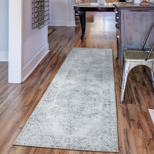Light Grey Hall Runner Allover Distressed Washable Corridor Runner Rug 80x300cm - Picture 1 of 6