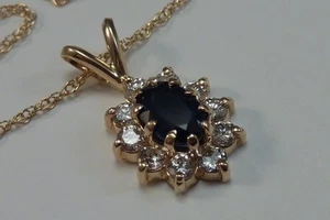  14K Yellow Gold Sapphire and Diamond Pendant with 18" Chain - Picture 1 of 9