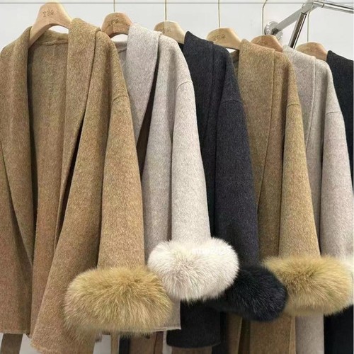 OFF WHITE Cappotto donna invernale in cashmere con cintura vera pelliccia di volpe polsini lana caldo