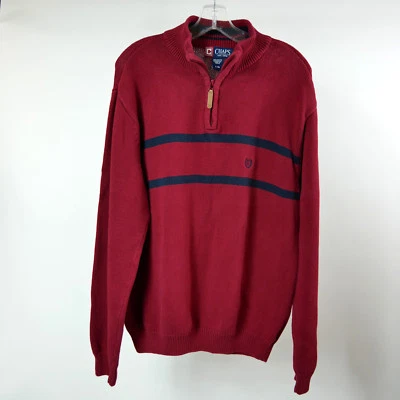 Chaps Mens L Red Sweater Blue Stripes Knit Pullover 1/2 Zip Large Long Sleeve - Image 1 of 4