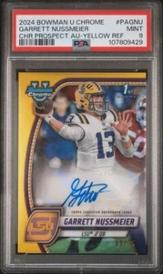 2024 Bowman University Chrome Garrett Nussmeier LSU Rookie Auto Yellow /75 PSA 9 - Picture 1 of 2