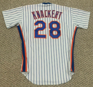 BRENT KNACKERT SIZE 44 #28 1990 NEW YORK METS HOME WHITE PINSTRIPED GAME JERSEY