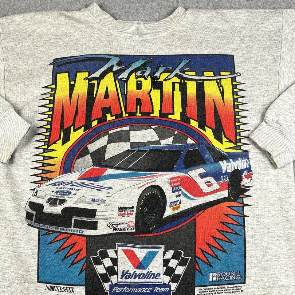 Sudadera De Colección Años 90 Mark Martin Mediana NASCAR Valvoline #6 Coche de Carreras EE. UU. Gris Foto 1 de 4