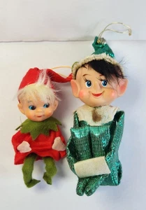 2 Pc. Christmas Knee Hugger Elves Green Lame Kitschy Japan Real Hair Vintage - Picture 1 of 7