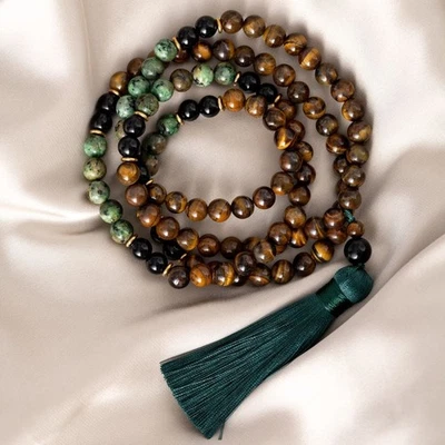 108 Mala Tiger Eye Turquoise Bead Prayer Tassel Healing Reiki Necklace Bracelet - Image 1 of 4