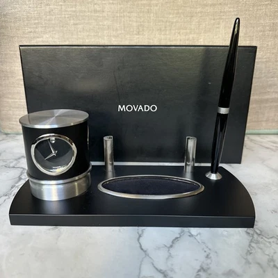 Movado Card Holder Rotating Clock Thermometer Hygrometer Pen Desk Set W/ Box - Image 1 of 4