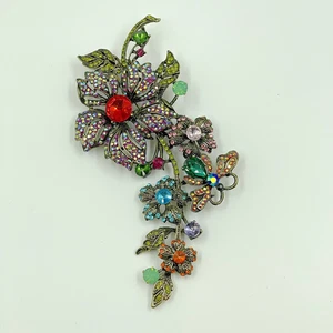 Vintage Large 5" Floral Brooch Colorful Bronze Tone Multicolor Rhinestone Glass - Picture 1 of 4