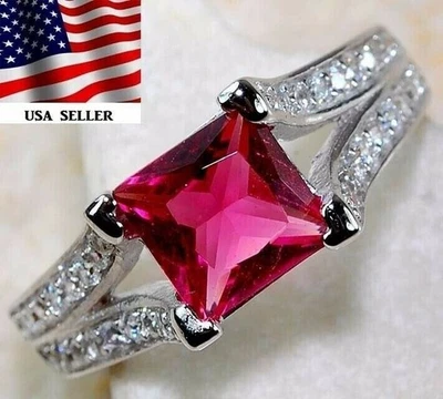  3CT Treated Ruby & White Topaz 925 Solid Sterling Silver Ring Sz 6 UB4-1 - Image 1 of 3