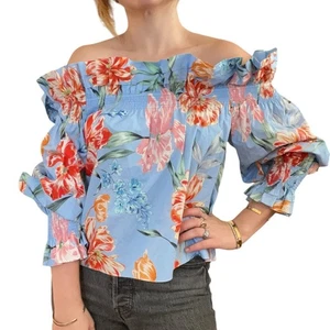 Christy Lynn Regina Blue Floral Off Shoulder Cotton Poplin Ruffle Top Size M - Picture 1 of 4