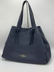 VALENTINO GARAVANI Navy Blue Pebbled Leather Large Unlined Tassel Shopper - Picture 1 of 24