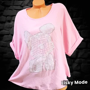 Italy Damen Shirt Oversized kurzarm T-Shirt Teddy Glitzer hell Rosa 42 44  46 - Bild 1 von 19