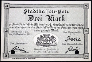 MÜLHAUSEN / MULHOUSE 1914 3 Mark Early WWI German Notgeld France Alsace - Picture 1 of 2
