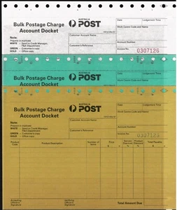 Documento de cuenta de gastos de franqueo a granel Australia Post 1997 triplicado. Sin usar. - Imagen 1 de 1