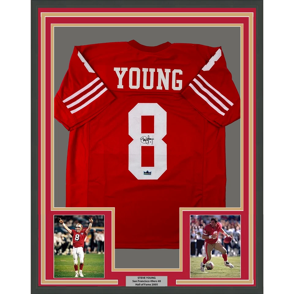 Camiseta deportiva autografiada facsímil enmarcada Steve Young 33x42 roja reimpresión láser Foto 1 de 2