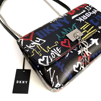 DKNY Cleo Medium Graffiti Crossbody Shoulder Bag Black Multi Logo Chain NWT $230 - Image 1 of 4