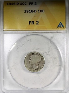 1916-D Mercury Dime ANACS FR2 KEY DATE 10C Circulated - Picture 1 of 4