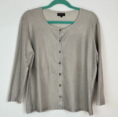 Cárdigan ESCADA Soia Soair KNIT Metálico Silencioso Lujo Lámina Gris Plateado Talla Grande Foto 1 de 4