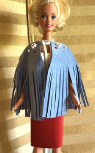 BLUE FRINGED CAPE GENUINE LEATHER W/ WHITE DAISIES  RED DOTS DOLL CLOTHES - Picture 1 of 2