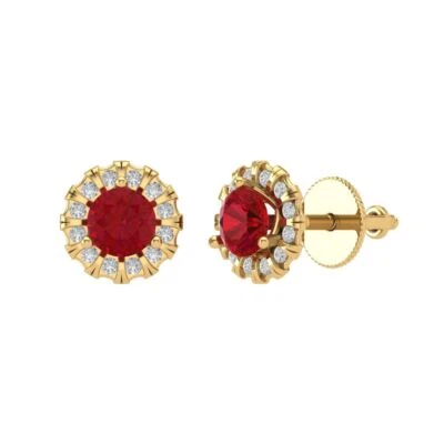 3.45 RD Halo Classic Designer Stud Designer Ruby Earrings Solid 14k Yellow Gold - Image 1 of 4