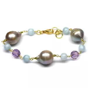 Gemstone Gray Pearl, Amethyst & Aquamarine Bracelet 7.5" 925 Silver 18K Gold  - Picture 1 of 5