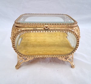 Scatola portagioie vintage Matson Ormolu filigrana oro vetro smussato 3,5x4,5" - Foto 1 di 12