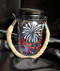 Solar Blue Lantern Outdoor Hanging Lights Mason Jar - Patriotic Fireworks - New - Picture 1 of 4
