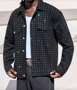 Neu Herren Luxus Diamant Strass Denim Schwarz Jeans Jacke Hochwertig - Bild 1 von 6