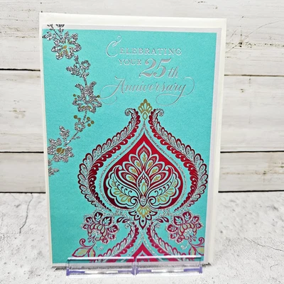 Tarjeta de Felicitación Aniversario Hallmark 6x8 25 Años Azul Adornado Plata Brillo Amor Foto 1 de 4