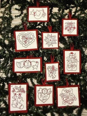 Christmas Ornament Kit Redwork Embroidery Stocking Bells By Bird Brain Designs - Image 1 of 4