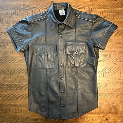 RUBIO LEATHER Men’s Black on Black Leather Uniform Button Up Shirt Size Small - Image 1 of 4