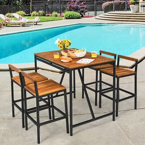 5PCS Patio Bar Table Set PE Rattan High-Dining Bistro Set w/ Acacia Wood Top - Picture 1 of 10