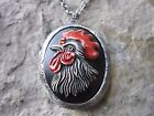 Rooster (Hand Painted) Cameo Antique Silver Locket - Farm, Farming, Chicken, Hen