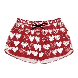 Heart Pattern Women's Casual Shorts, Red Summer Shorts, White Heart Print Lounge - Picture 1 of 5