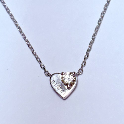 Collana Gucci oro bianco 18 carati 0 08 ct diamante ciondolo cuore 18" catena cavo 2 0 g