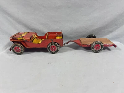 Vintage Louis Marx Willys Jeep with Trailer Metal Wheels Red - Image 1 of 4