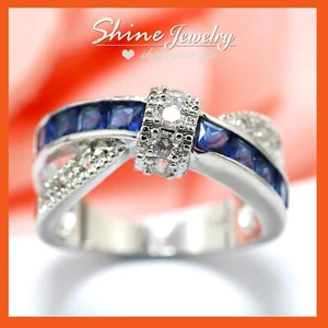 925 SILVER SP VINTAGE SAPPHIRE BLUE CRYSTAL KNOT WIDE BAND LADY PARTY DRESS RING - Picture 1 of 6